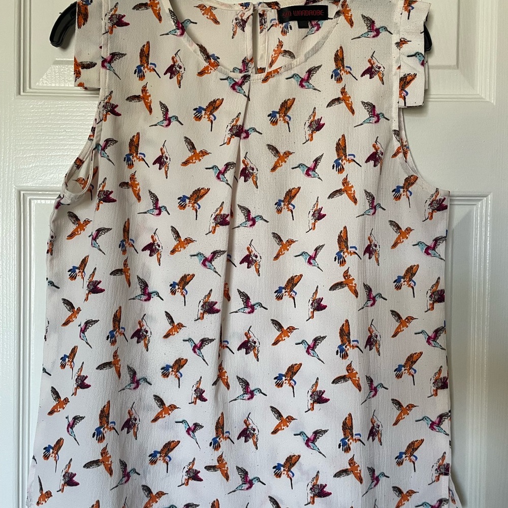 Vibrant Bird Print Sleeveless Blouse